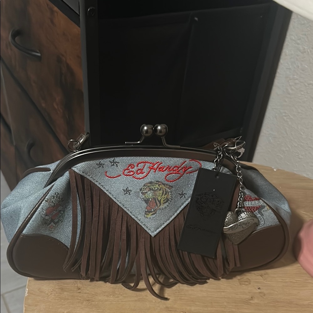 Ed Hardy Brown & Denim Fringe Frame Clutch